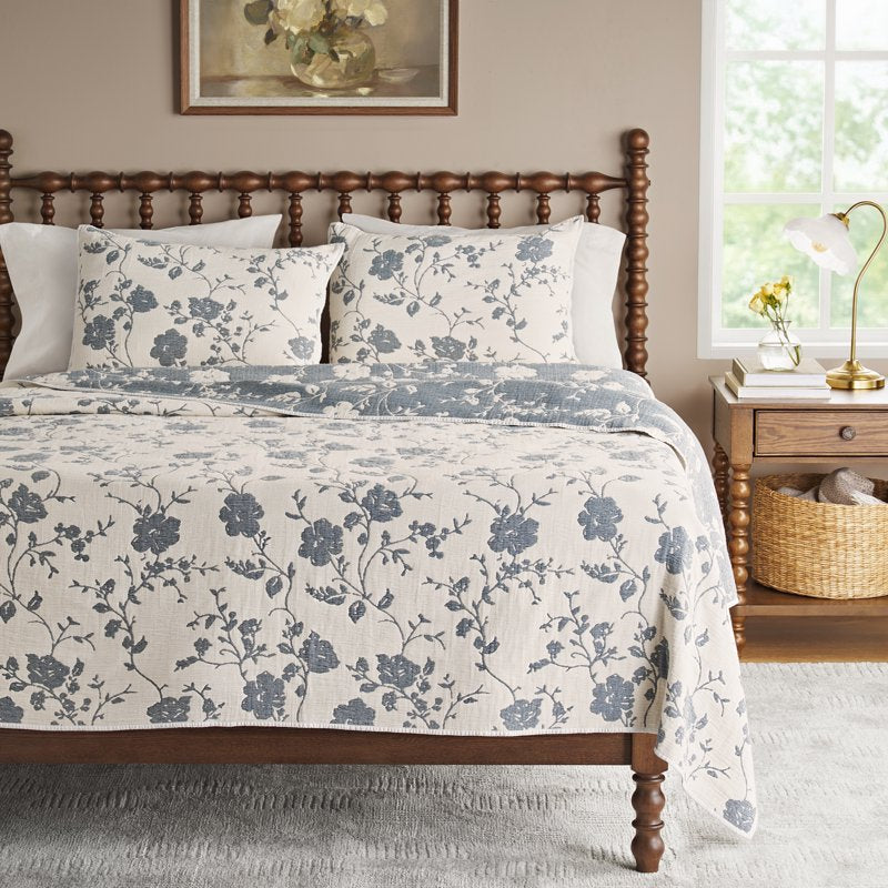 Full/Queen Floral Gauze Quilt - Reversible Blue Dust & White, Agatha Design