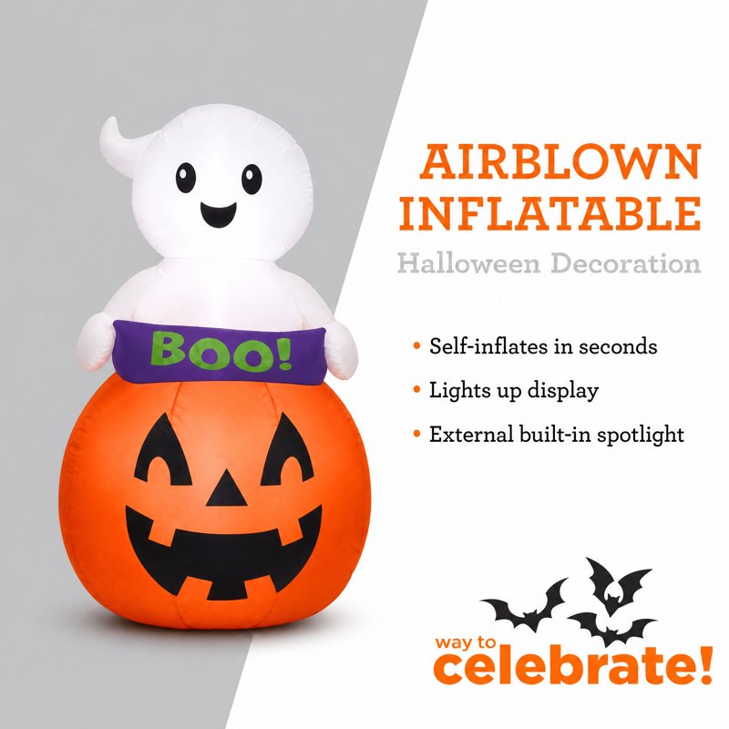 Halloween Yard Inflatable Baby Ghost in Jack-o'-Lantern with Banner, 3.5 Feet