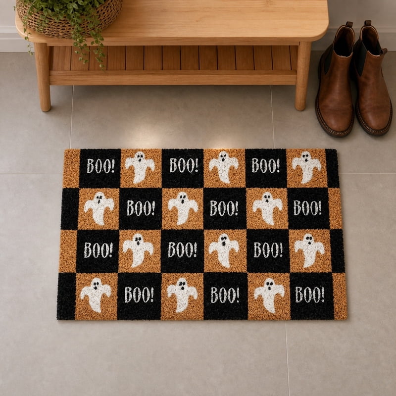 Halloween Ghost Doormat B - Black and Orange Checkered Front Door Rug, Non Slip Cute Spooky Decor