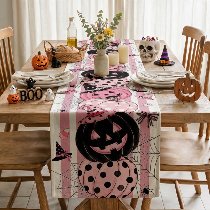 Halloween Table Runner 13x72 Inch Polka Dot Pink Pumpkin Witch Ghost Bat Web