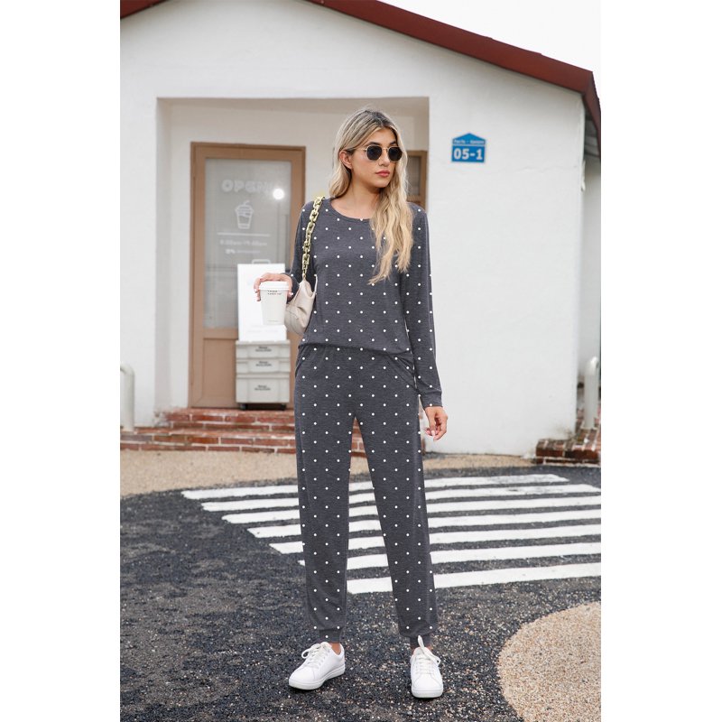 MINTREUS Women's Pajama Set Long Sleeve Sleepwear Lounge Sets with Pockets - 18-Dot Grey, Large