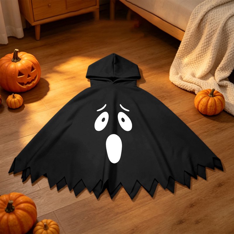 Kids Ghostface Costume Cape for Halloween - Unisex Hooded Dress-Up (Black, 7-9 Years) - Fancy Dress