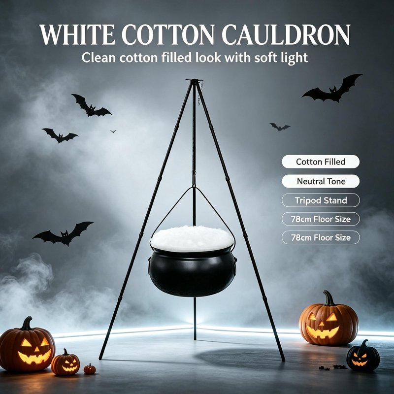 Halloween Outdoor Witch Cauldron with Tripod & Timer Lights - 12 White, 30.4 x 7.8 Inches