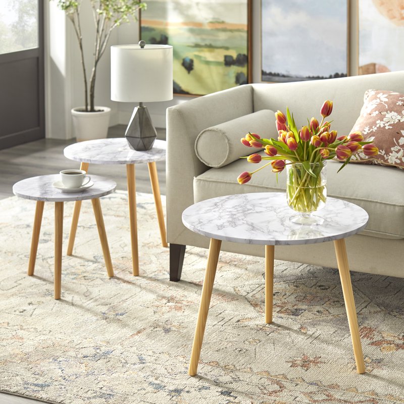 Modern Round Nesting End Tables Set - Faux Marble Tops