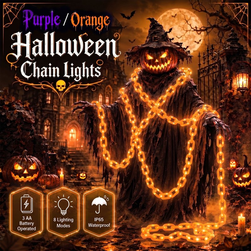 Halloween Chain Lights 10ft Orange Waterproof LED String with 8 Modes - Battery Operated