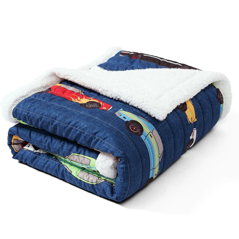 Kids Race Cars Throw Blanket - Reversible Sherpa Plush 60x50 Inches
