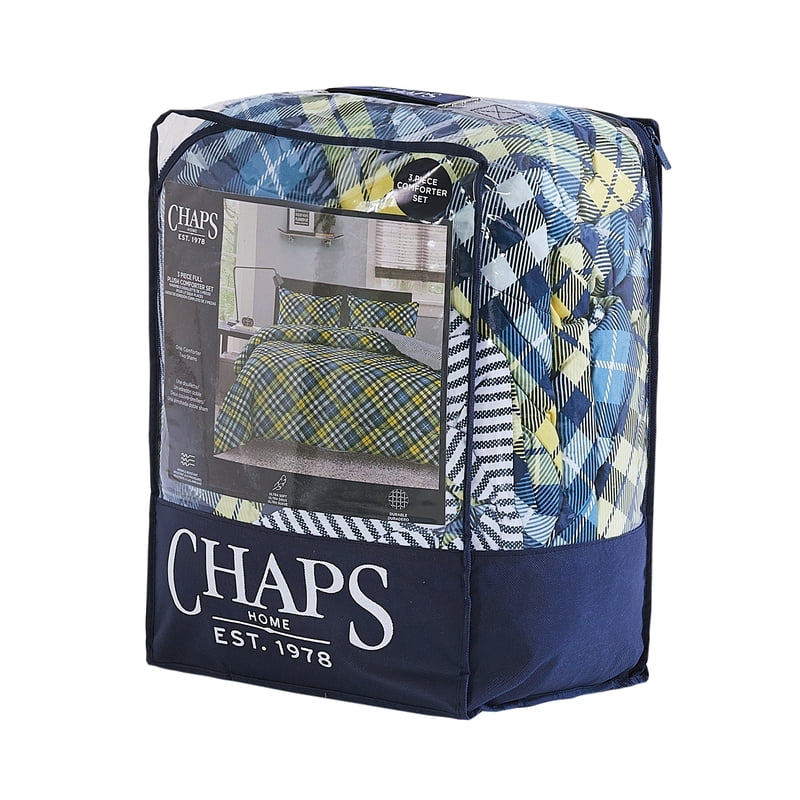 Kids Reversible Microfiber Comforter Set - Full Size Blue & Yellow Plaid - Bedding Collection with Sham - Diagonal Pattern