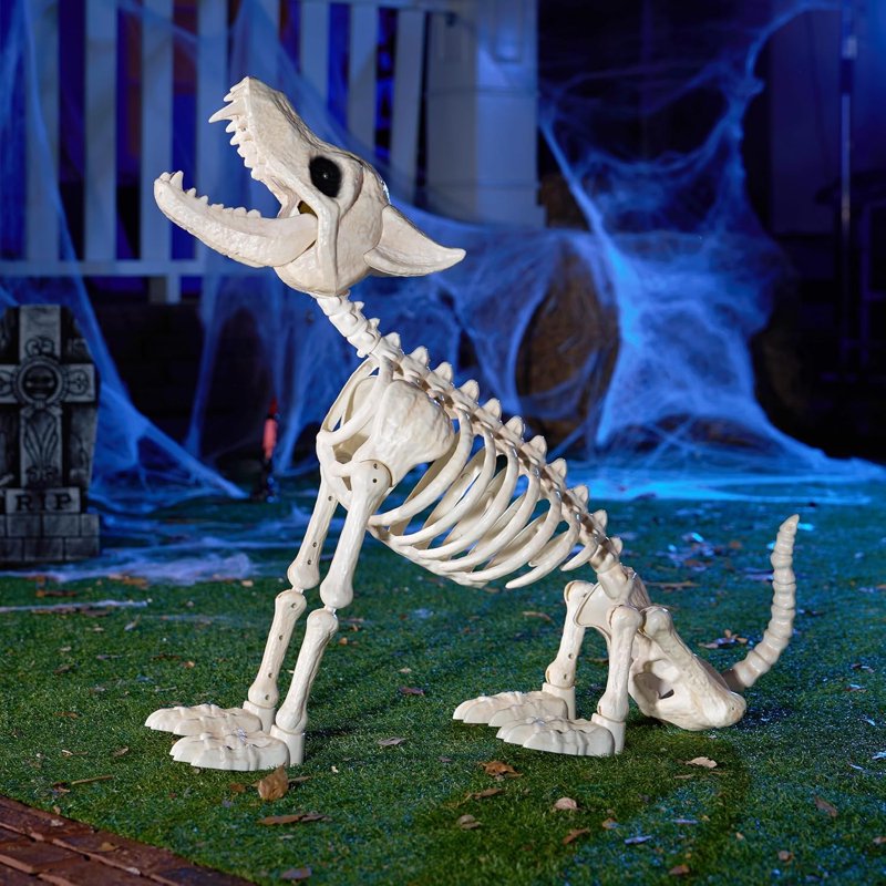 Posable Halloween Skeleton Dog with Red LED Eyes - Indoor Outdoor Decor - Wolf Variation