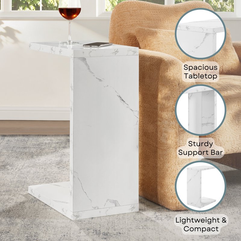 C-Shaped End Table - Modern White Faux Marble Design