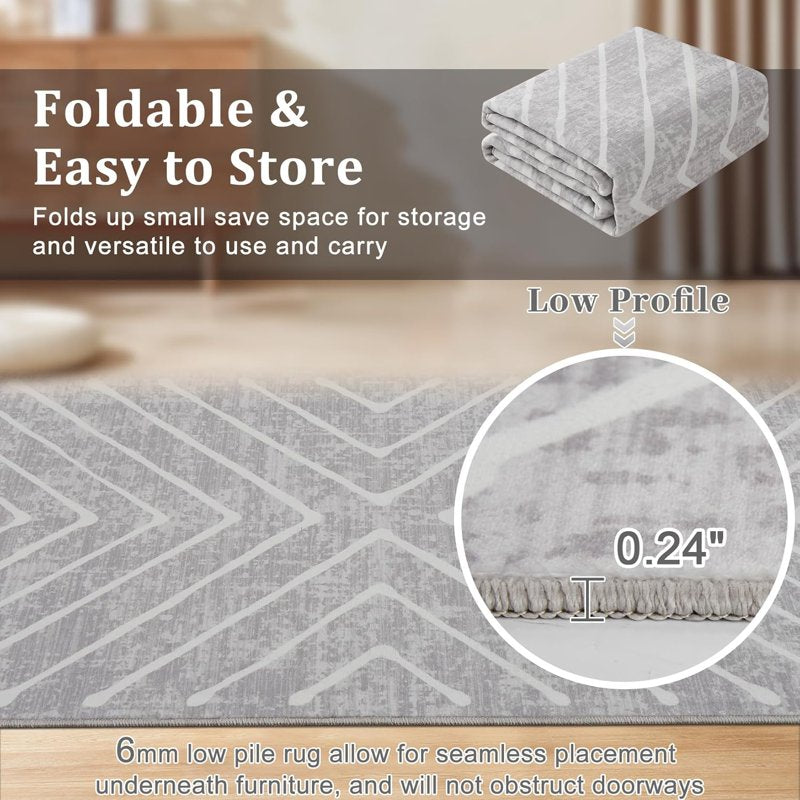 Large Washable Geometric Floor Rug 10x13 Light Grey Non-Slip Indoor Mat