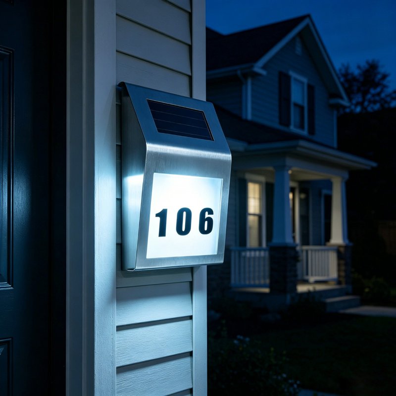 Solar House Number Light with Address Sign - Waterproof Wall Mount, LED Illuminated, Variation H