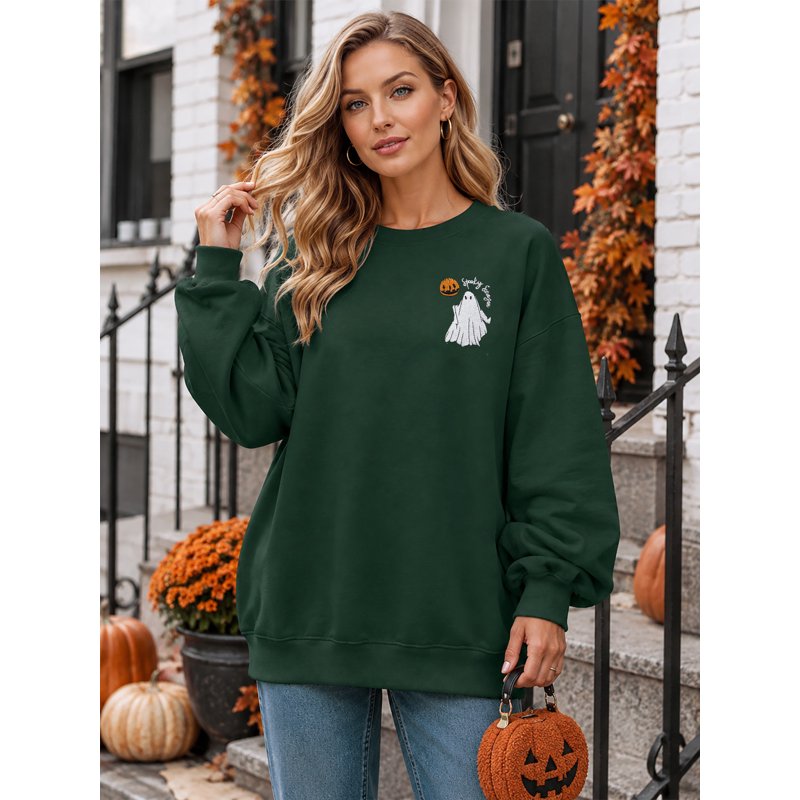 Dark Green Halloween Sweatshirt Women Spooky Season Ghost Pumpkin Pullover XXL