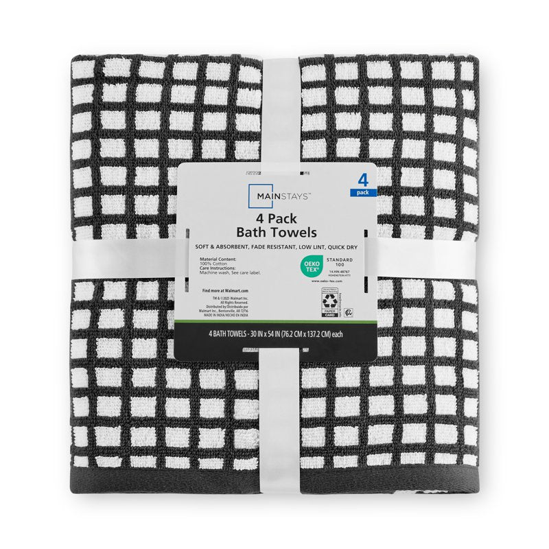 Mainstays Black Checkered Cotton Bath Towel Set - 4 Pieces, 30 x 54 inches - Rich Black Variation