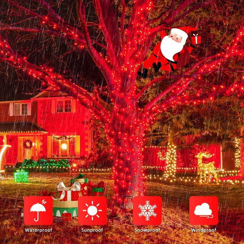 Red Solar Christmas String Lights - 42.7ft Waterproof 8 Mode Outdoor LED Decor