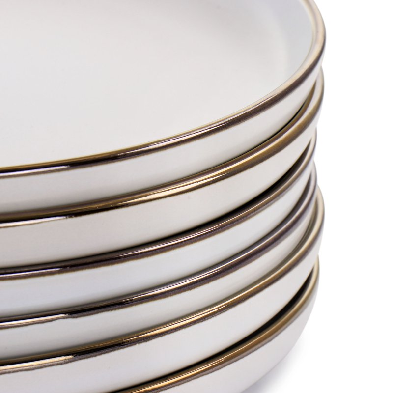 Stoneware Dinner Plate Set - 6 Piece Matte White with Gold Rim