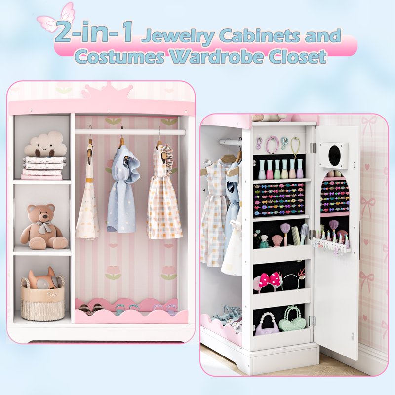 Kids Armoire with Mirror and Jewelry Storage - White Princess Style Wardrobe for Children