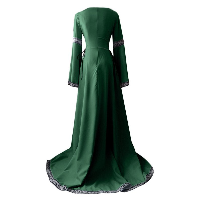 Women Medieval Renaissance Maxi Dress with Long Sleeves - Green XL