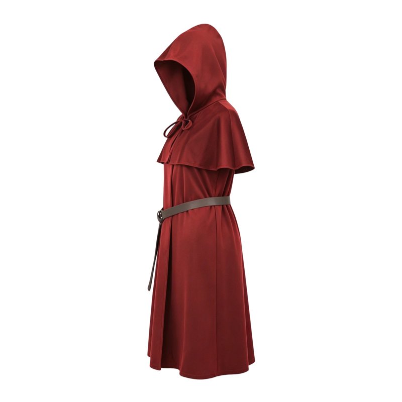 Medieval Monk Robe Hooded Cloak Costume Set with Belt - BB-Wine, M