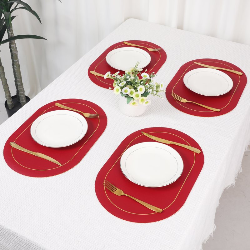 Faux Leather Placemats Set of 6 - Black & Red, Washable