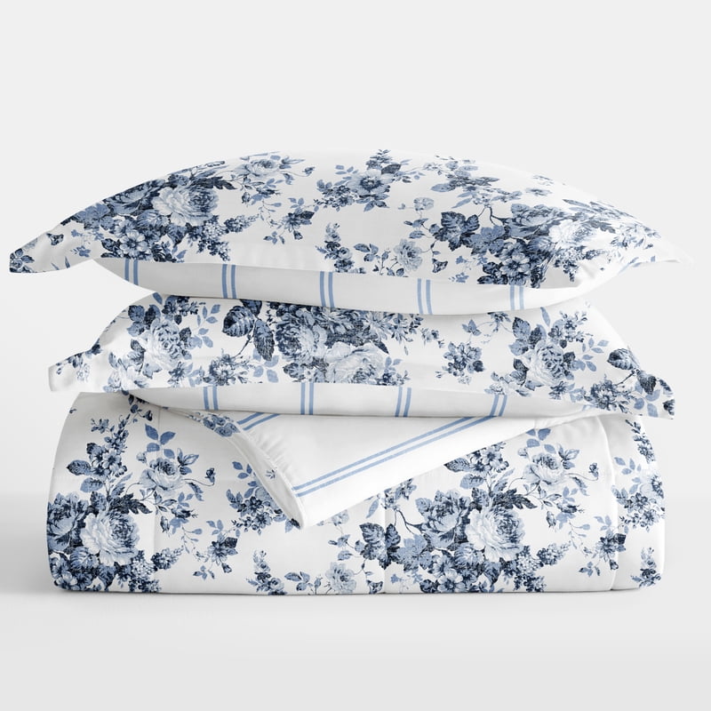 Twin Stone Reversible Comforter Set with Down Alternative Cabbage Rose Stripe