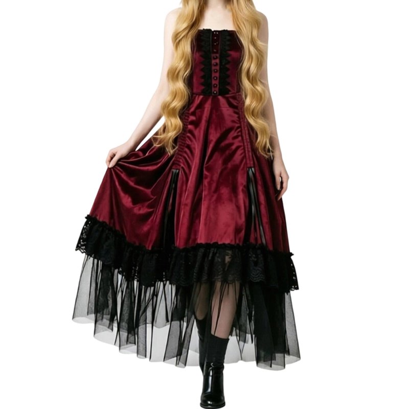 A105 Red Women's Gothic Corset Dress with High-Low Tulle Skirt and Lace Ruffles - Dark Witch Vampire Cosplay