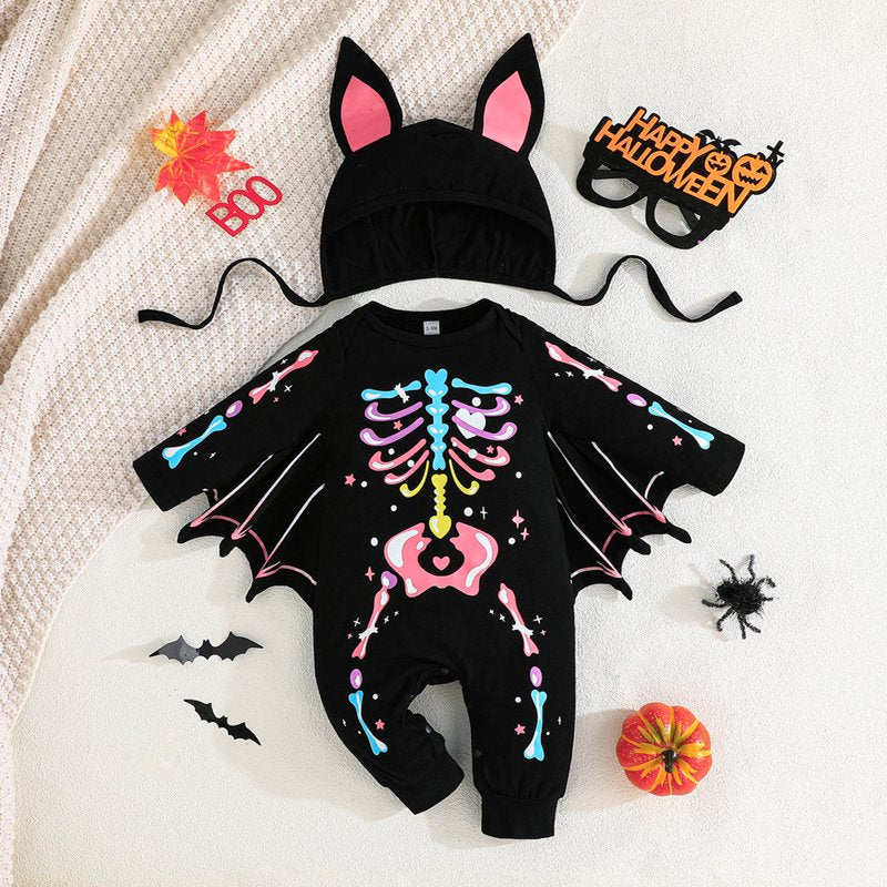Black and Pink Baby Skeleton Jumpsuit and Ear Hat Halloween Costume 2PCS - 3 Months to 3 Years