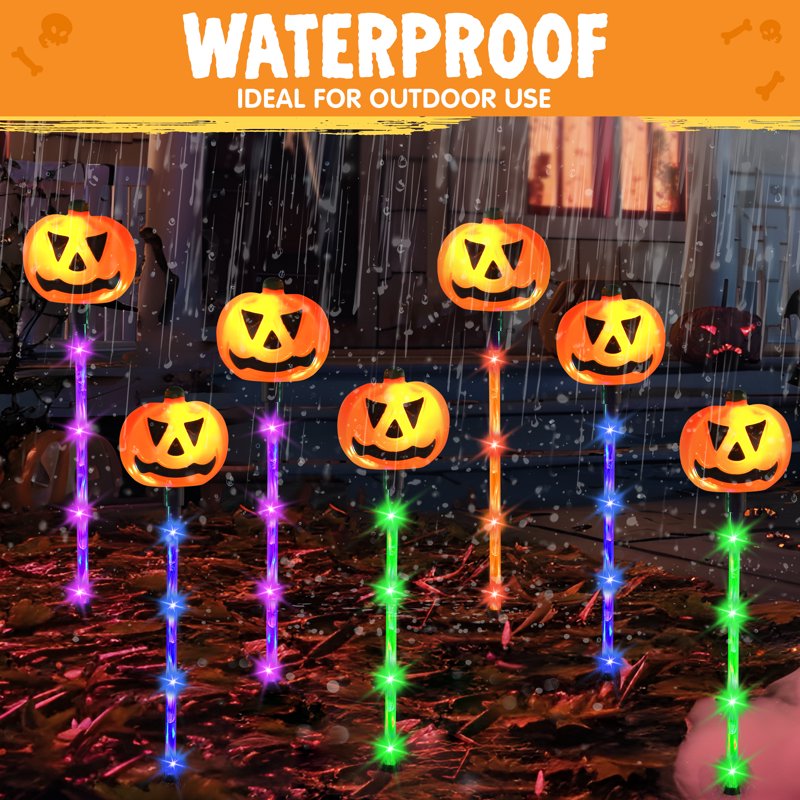 Halloween Pumpkin Lights Set - 10 Solar Pathway Lanterns with Stakes - Waterproof & Colorful