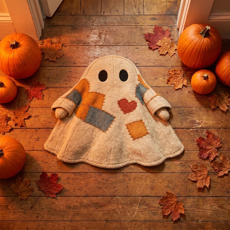 Black Ghost Shaped Doormat with Patchwork Vintage Stitching Halloween Entrance Rug