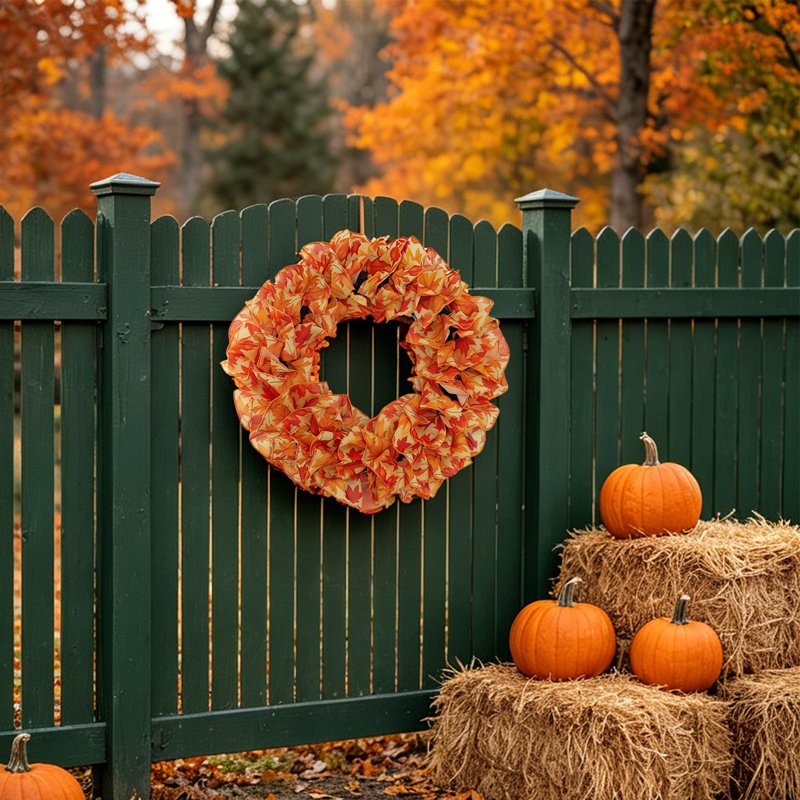 Nkmbld Fall Wreath for Front Door - Large Orange Maple Leaf Ruffled Fabric, Halloween & Thanksgiving Decoration E-9