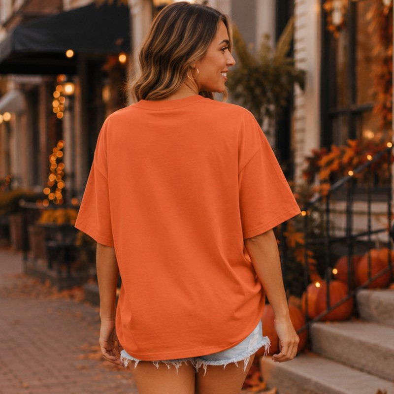 Women’s Oversized Halloween T-Shirt - Ghost Castle Graphic, Orange S