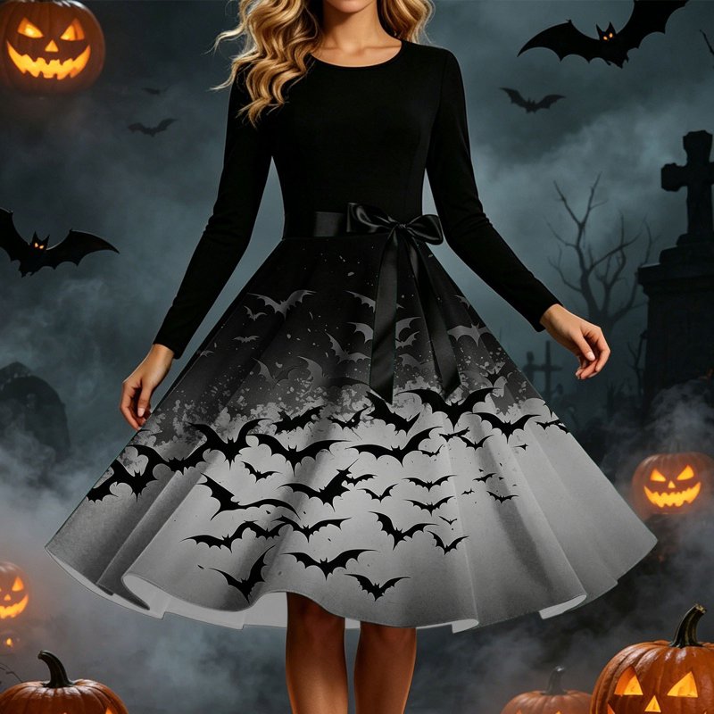 Women's Vintage Halloween Bat Print Swing Dress Gray S - 1950s Retro Gothic Midi