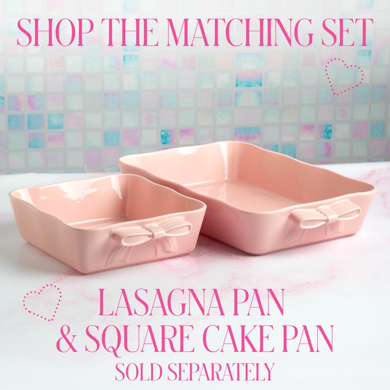 Ceramic Stoneware Lasagna Baker - 13 x 9 Inch, Pink with Bow Handles