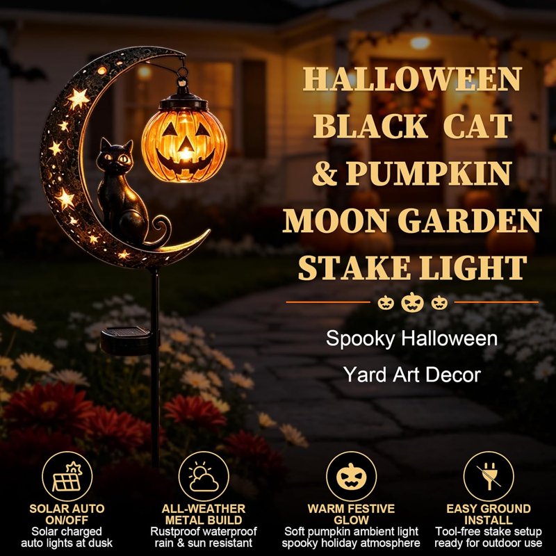 Solar Halloween Black Cat & Pumpkin Moon Garden Stake Light - Waterproof Metal Yard Decor - Variation B