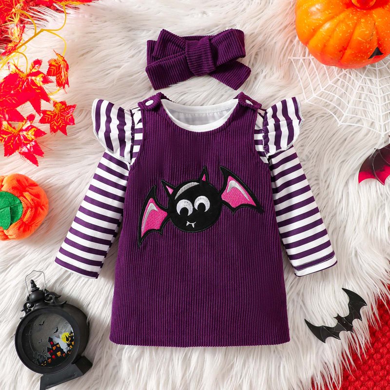 A14-Purple Baby Girl Halloween Romper & Skirt Outfit with Headband - 0-3 Months