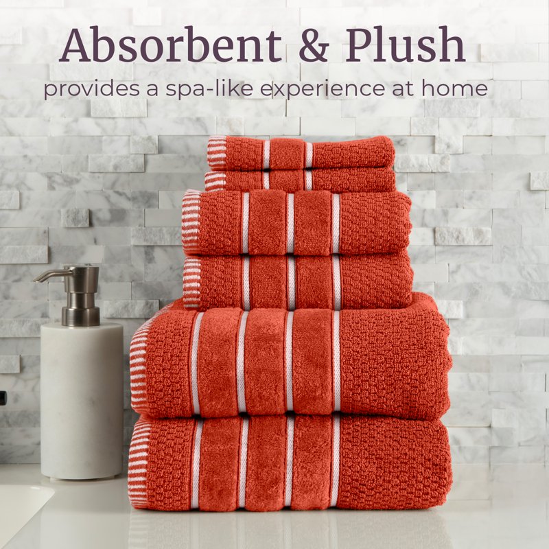 Brick Orange 6-Piece Combed Cotton Rice Weave Towel Set for Bathroom & Beach