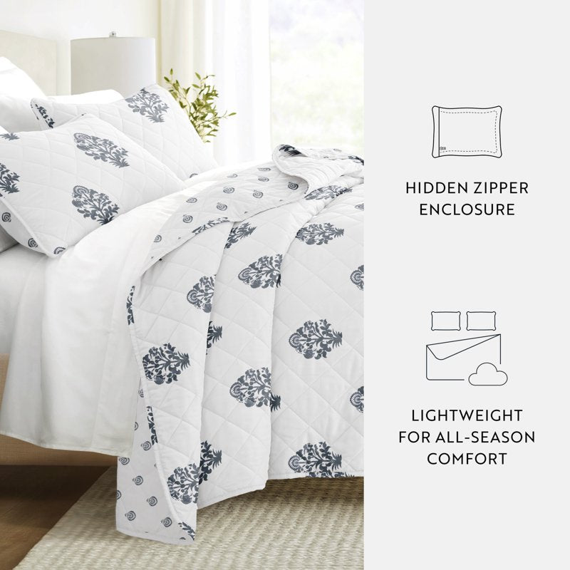 Queen Dusk Blue Reversible Quilt Set with Shams - Soft & Durable Bedding