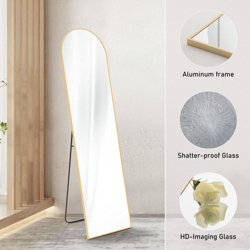 59-Inch Gold Full Length Mirror with Stand - Arched Floor Mirror with Aluminum Frame
