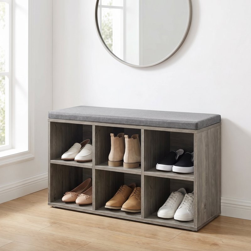 Greige Shoe Storage Bench with Padded Seat & Adjustable Shelves