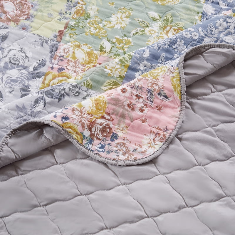 King Floral Quilt Bedspread Set with Pillow Shams - Gray Cotton Cover