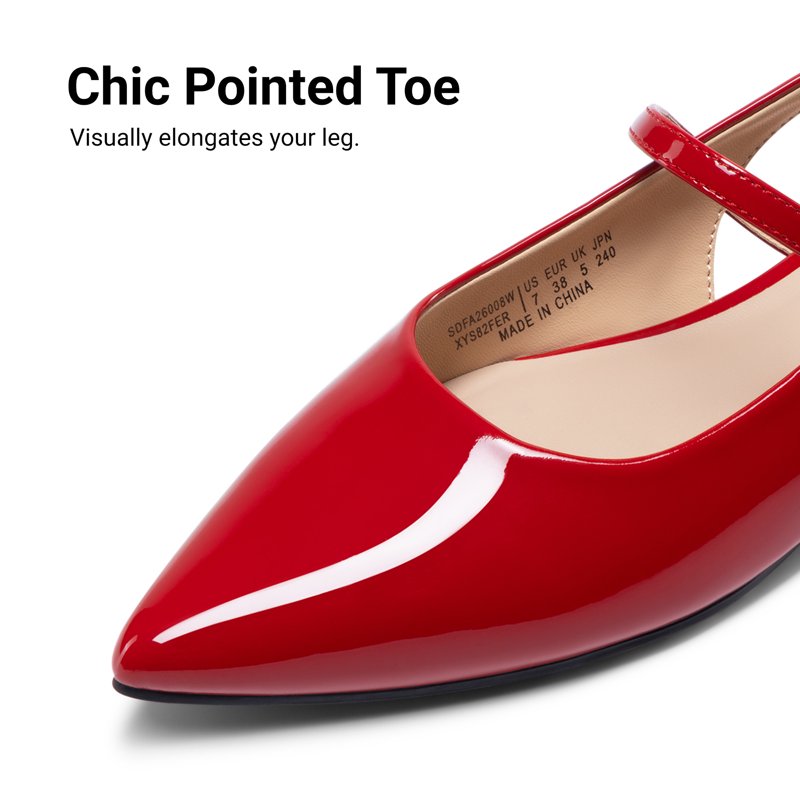 Red Women's Pointed Toe Slingback Flats - Adjustable Ankle Strap Low Heel Dress Shoes, Size 6.5