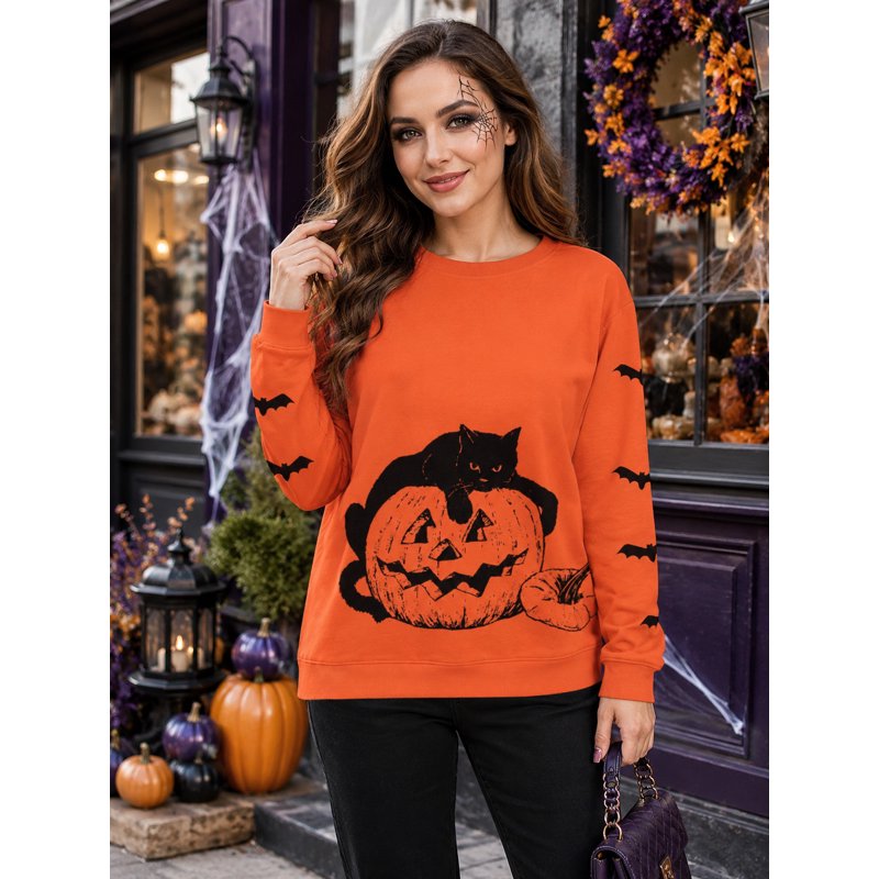 Halloween Women Sweatshirt Black Cat Pumpkin Graphic Pullover - Orange 2XL