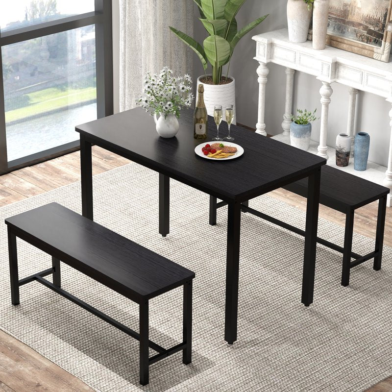 Space-Saving 4-Person Dining Table Set with 2 Benches - Black