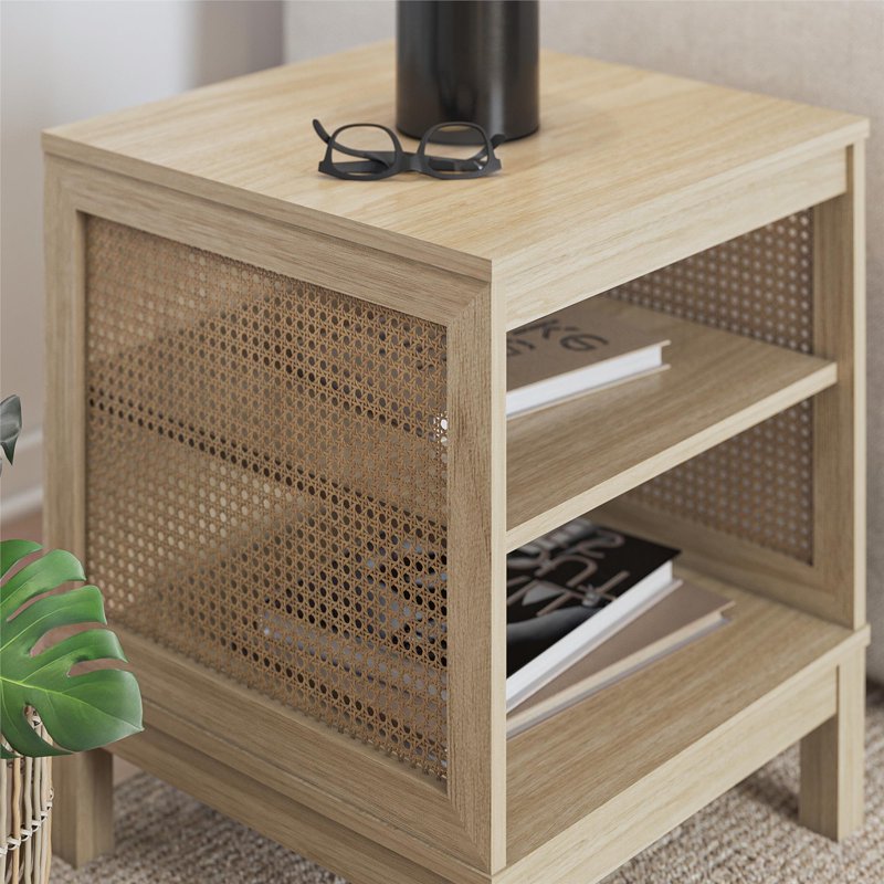 Cane Side Table with Open Shelves - Boho Chic Design