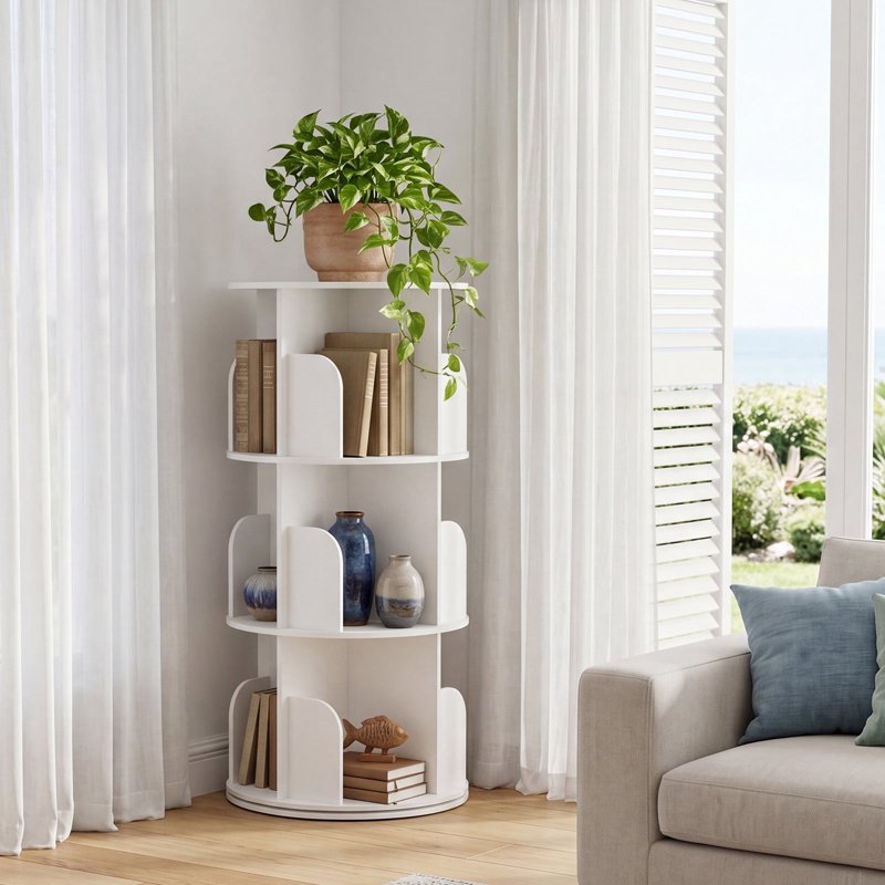 3-Tier Rotating Bookshelf - 360° Spinning Bookcase, White