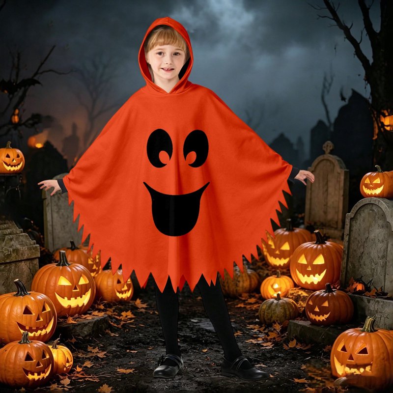 Kids Halloween Ghostface Cape Costume - Unisex Hooded Dress Up - Orange, 7-9 Years