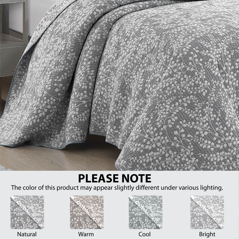 Mainstays Botanical Floral Quilt - King Grey Reversible Lightweight Bed Cover