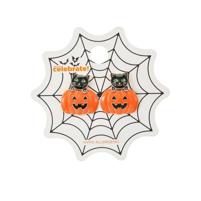 Halloween Jack-O-Lantern Cat Earrings - Pumkin Cat Variation, Lightweight Dangle Jewelry