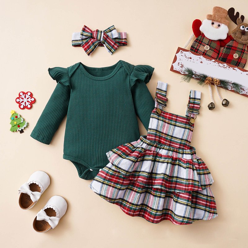 Green Baby Girl First Christmas Outfit Romper & Overalls Set 0-3 Months