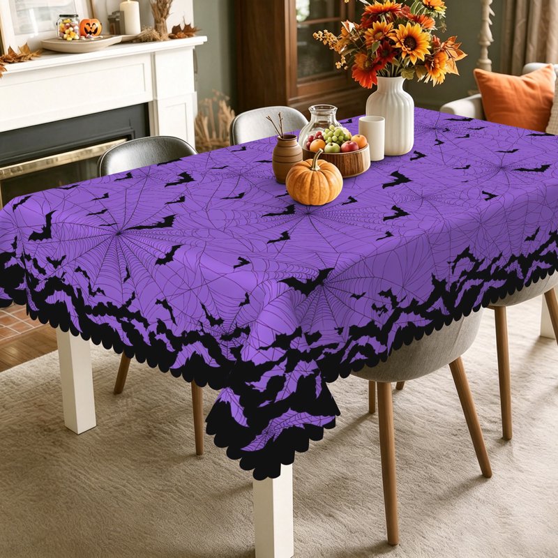 Halloween Bat & Spider Web Tablecloth - 60x84 Inch, Purple & Black, Rectangular
