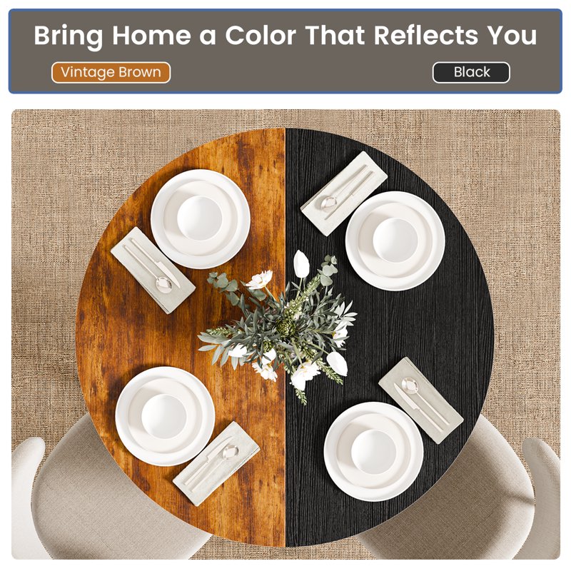 47" Round Dining Table for 4-6 - Farmhouse Kitchen Table with Storage Shelf, Black